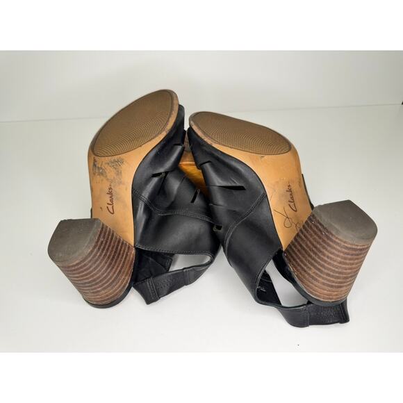 CLARKS Black Leather Stacked Heel Open Toe Strappy Sandal Heels Size 8.5 - Picture 7 of 7